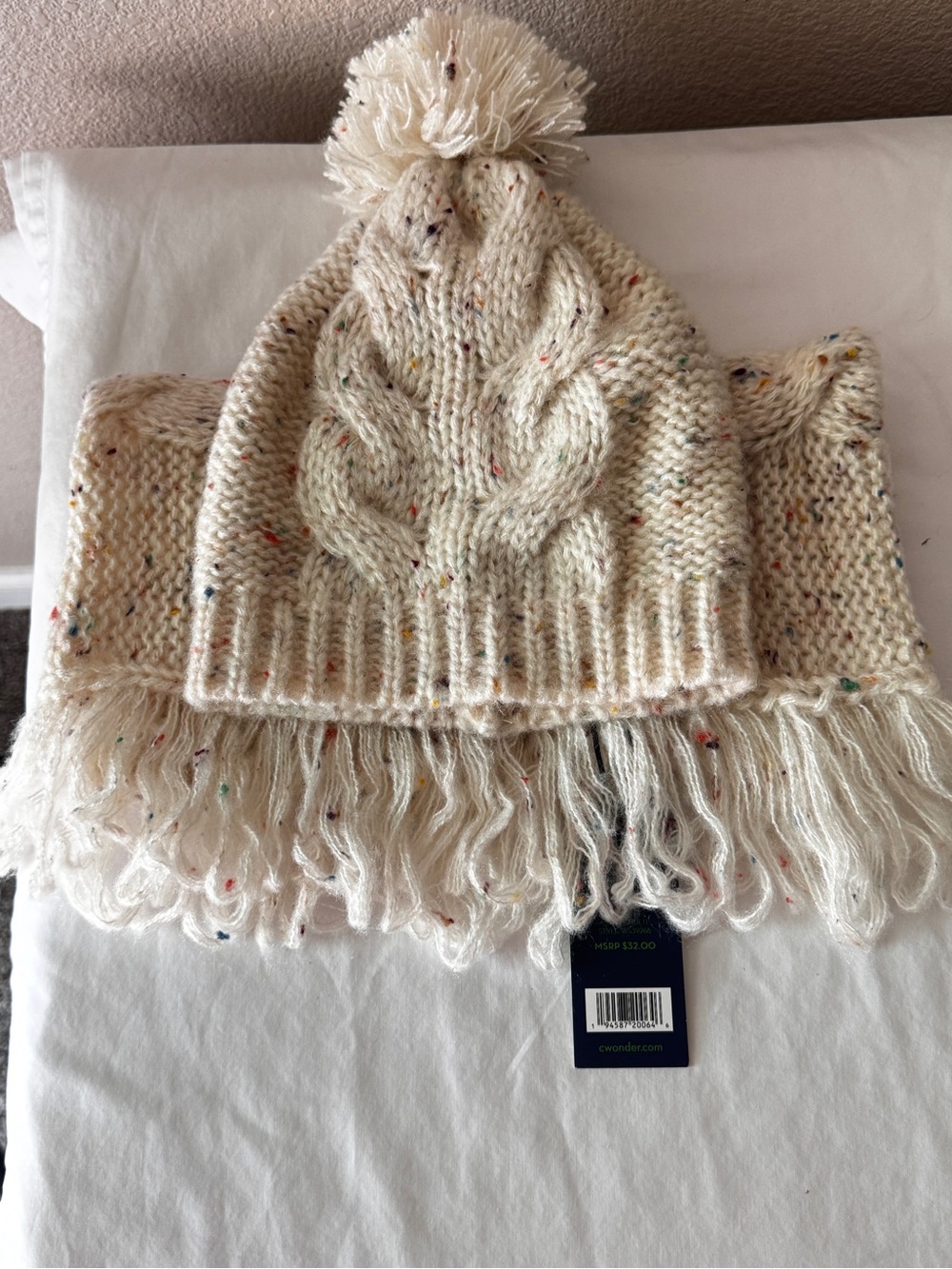 Kids Cream Speckled Pom-Pom Beanie and Scarf Set